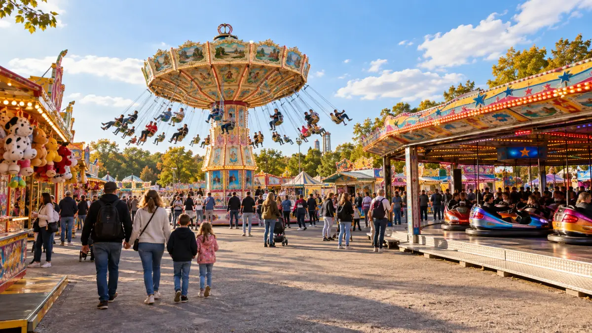 Fahrgeschäfte und Besucher auf dem Zentralen Festplatz beim Berliner Herbstrummel.