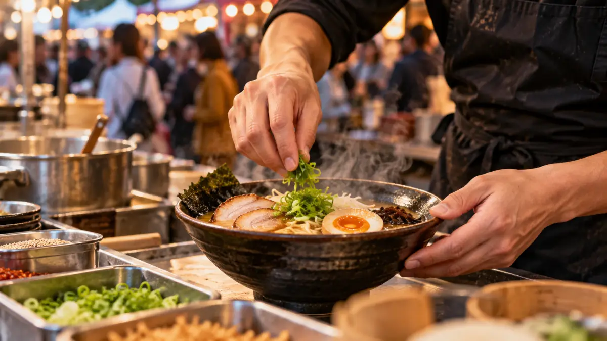 Koch bereitet eine Schüssel Ramen an einem Festivalstand zu