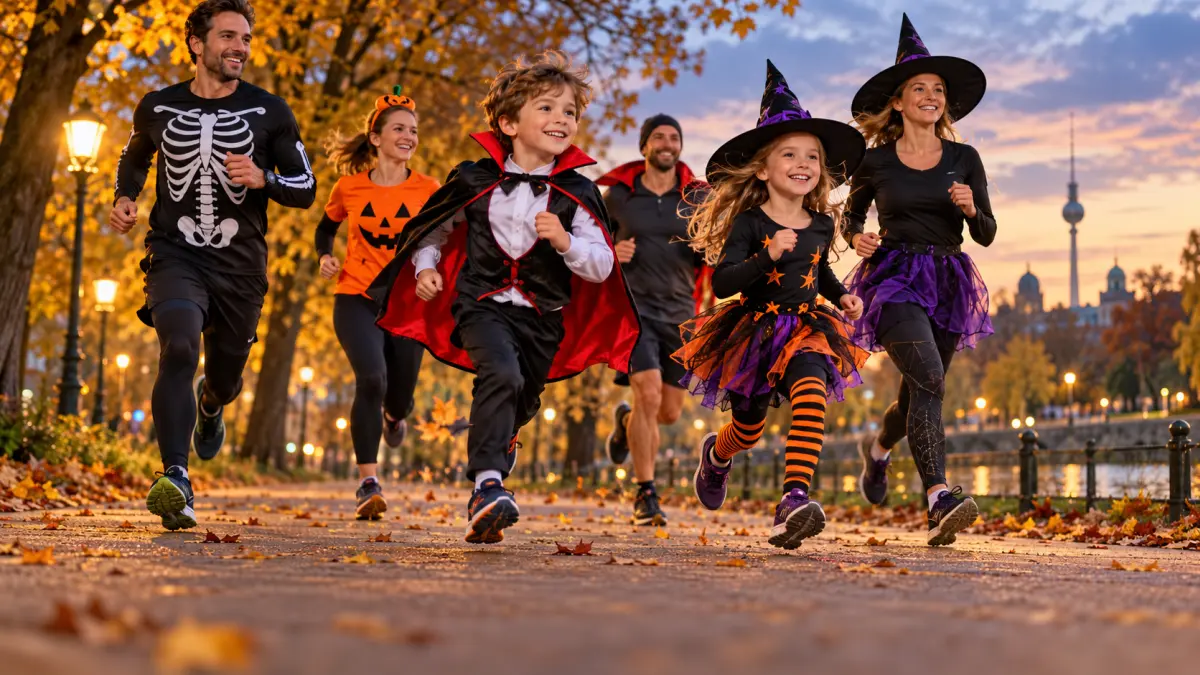 Kinder und Erwachsene in Halloween-Kostümen laufen bei Dämmerung auf einem herbstlichen Parkweg.