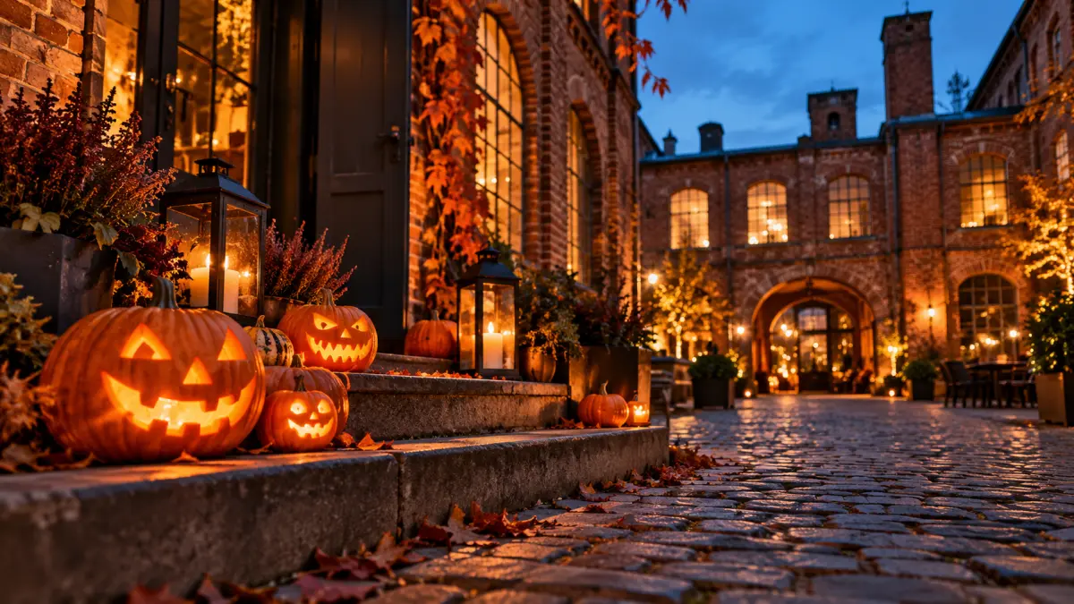 Leuchtende Halloween-Kürbisse vor einer Backsteinfassade in der Abenddämmerung