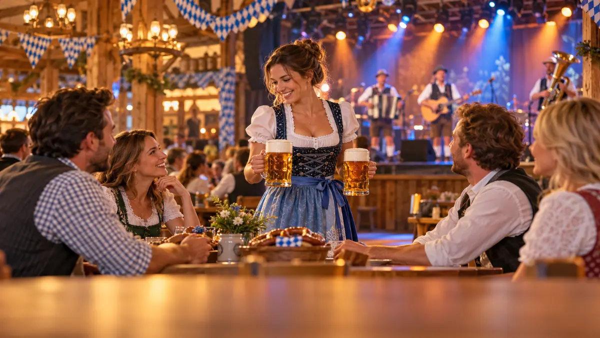 Blick auf die Tische und die Bühne im Hofbräu Wirtshaus Berlin.