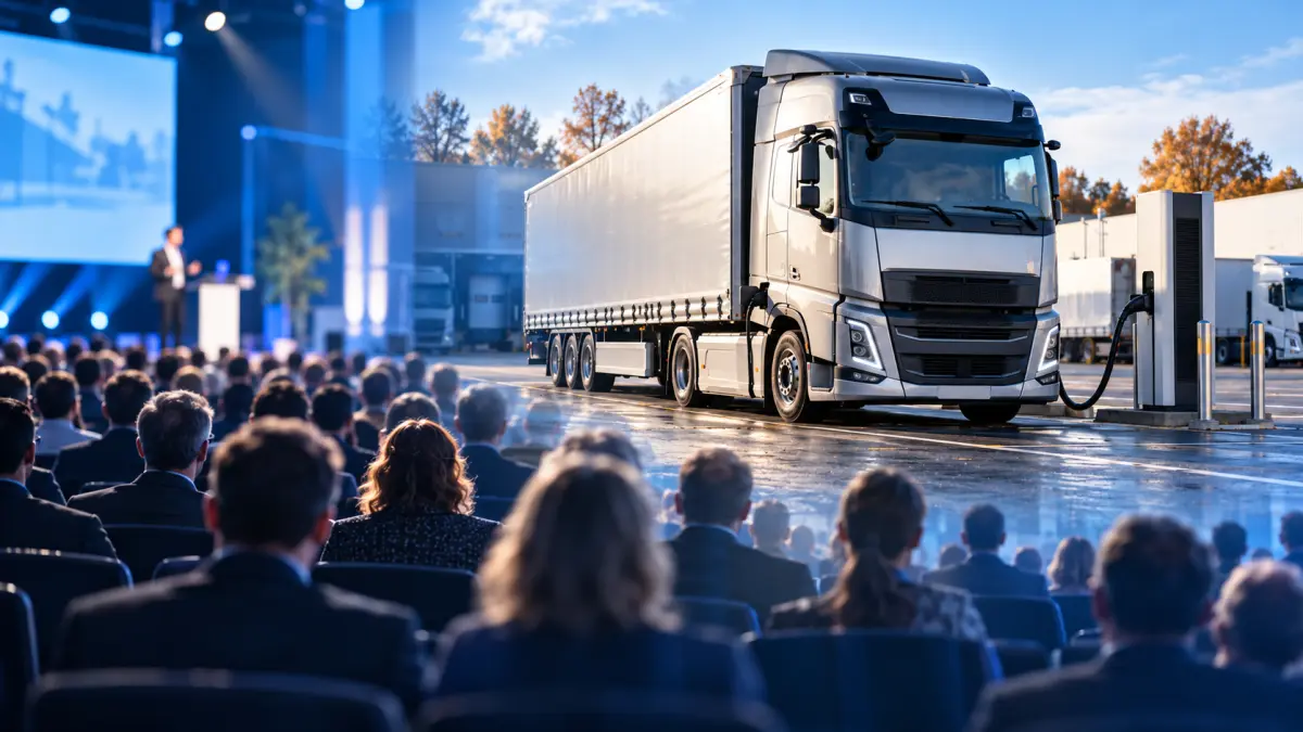 Illustration eines schweren Elektro-Lkw an einer Ladestation auf einem Betriebshof.
