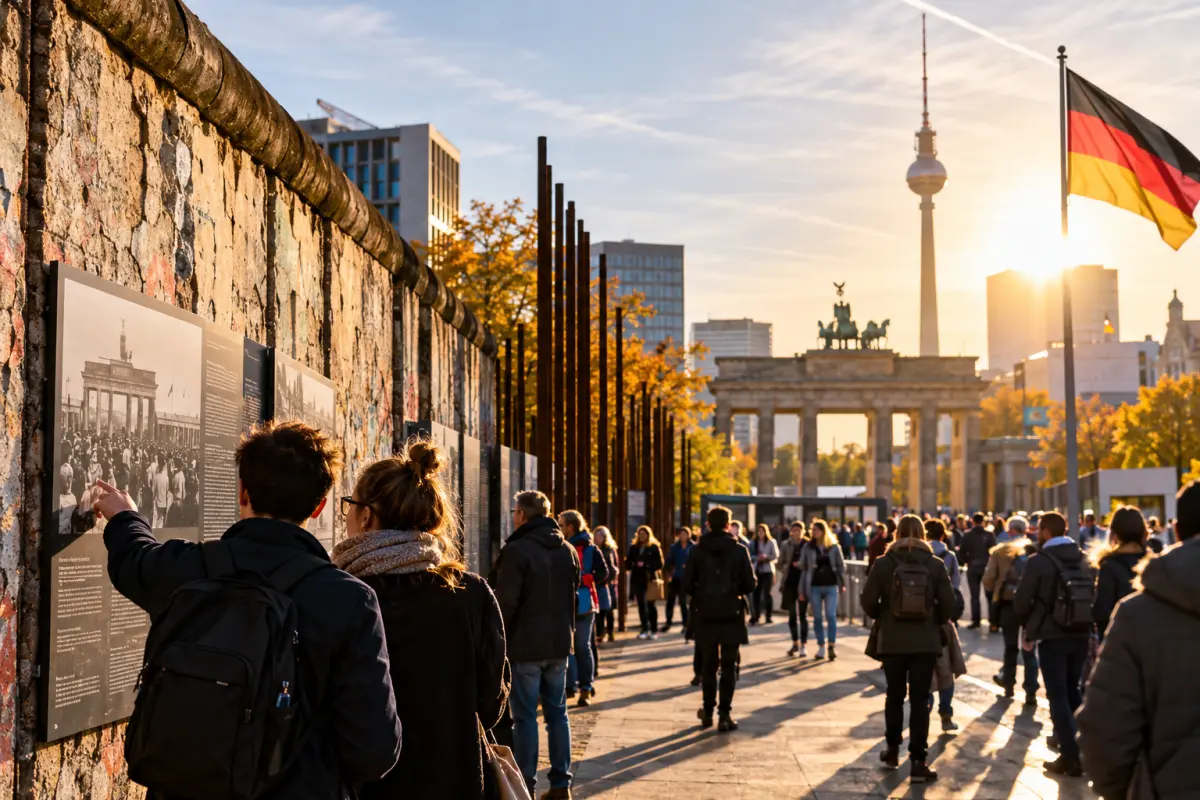 Besucher an einem Berliner Erinnerungsort zur deutschen Teilung am Tag der Deutschen Einheit