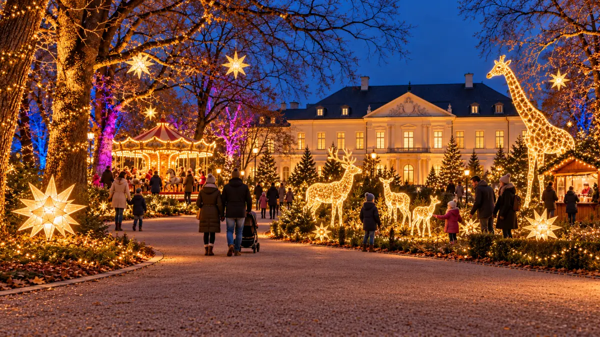 Beleuchtetes Schloss Friedrichsfelde hinter Lichtinstallationen im abendlichen Park